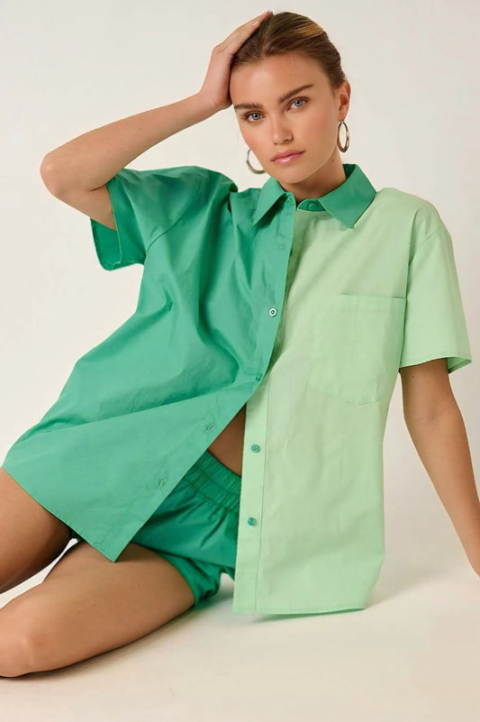 Color Block Short Sleeve Shirt and Shorts Set