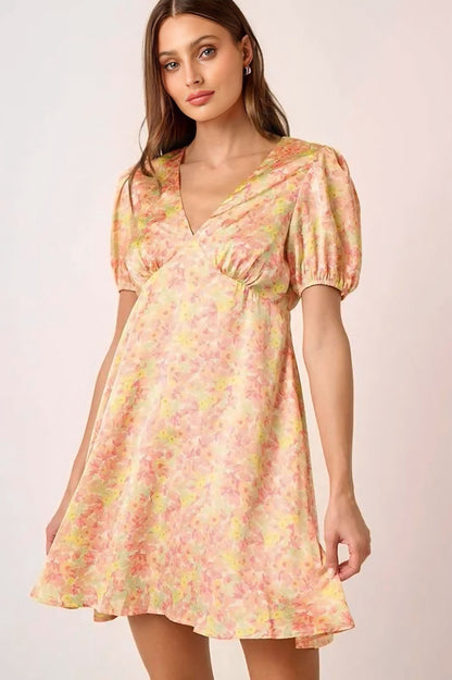 Printed V-Neck Puff Sleeve Mini Dress