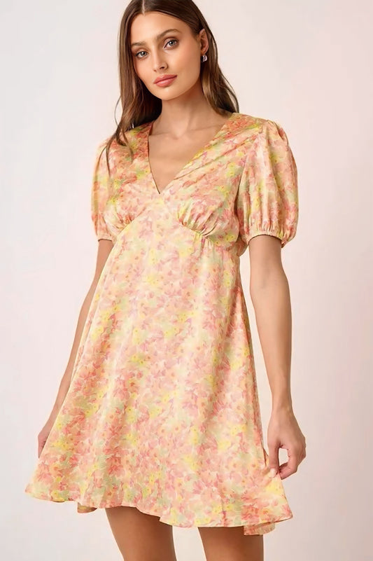 Printed V-Neck Puff Sleeve Mini Dress