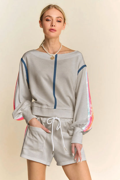 Sequin Stripe Long Sleeve Top And Short Pants Set