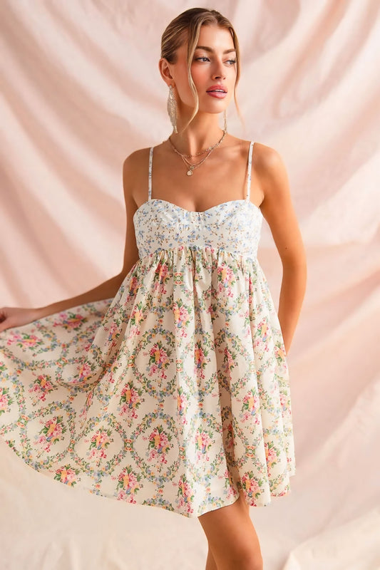 Mixed Floral Print Sleeveless Mini Dress