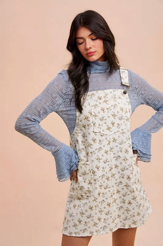 Ditsy Print Denim Overall Mini Dress
