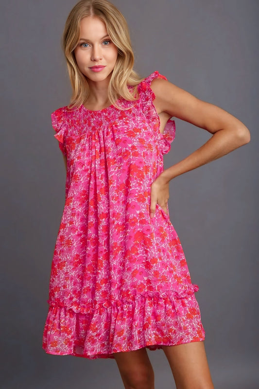 Smocked Detail Floral Metallic Ruffle Cap Sleeve Dress