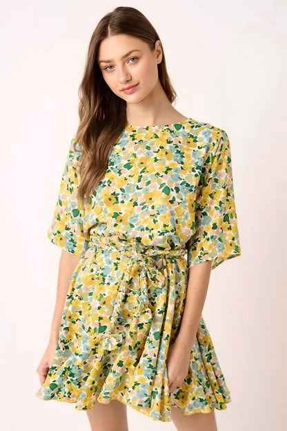 Floral Tie Waist Half Sleeve Mini Dress