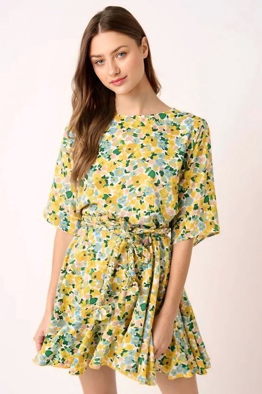 Floral Tie Waist Half Sleeve Mini Dress