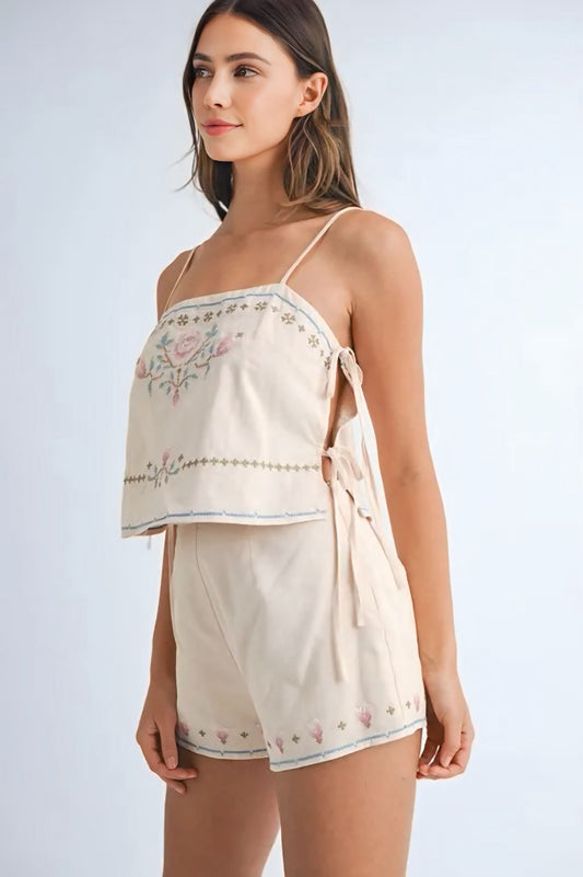 Embroidered Crop Top and Shorts Set