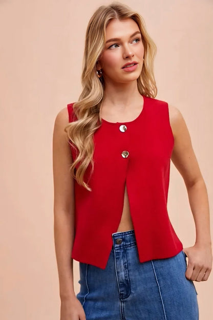 Metal Button Detail Crop Sweater Vest