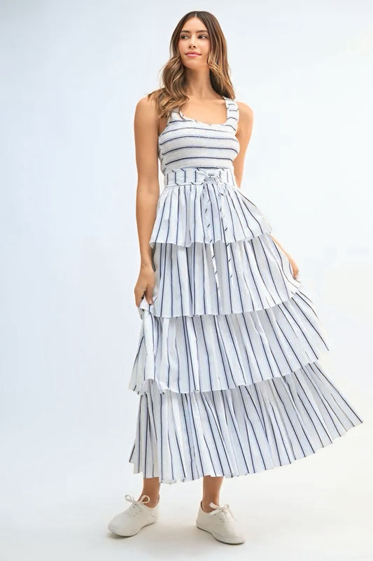 Pin Stripe Smocked Bodice Layered Midi Dress