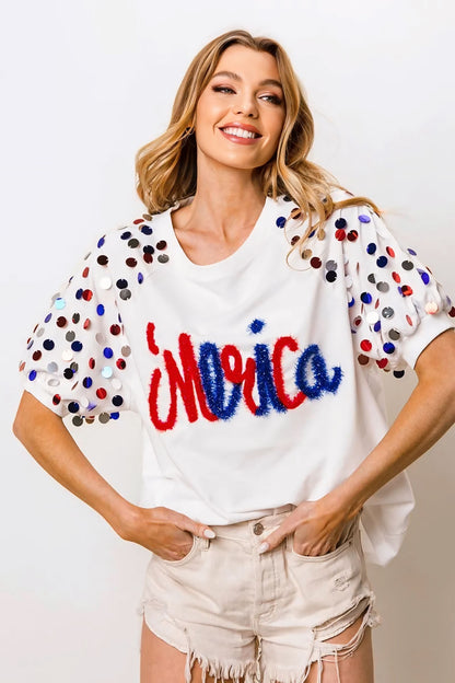 Metallic Letter Spangle Raglan Puff Sleeve Top