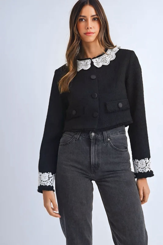 Lace Trim Collar Tweed Crop Jacket