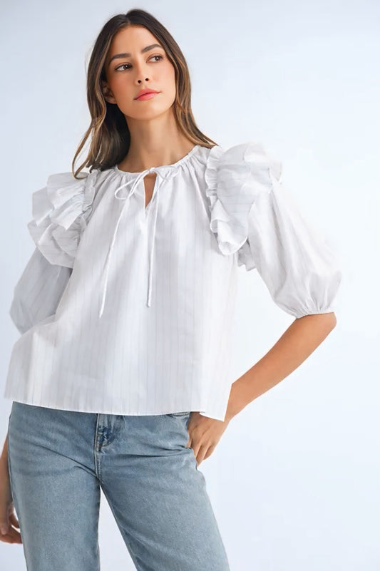 Stripe Ruffle Shoulder Puff Sleeve Blouse