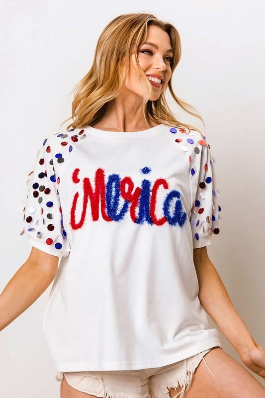 Metallic Letter Spangle Raglan Puff Sleeve Top