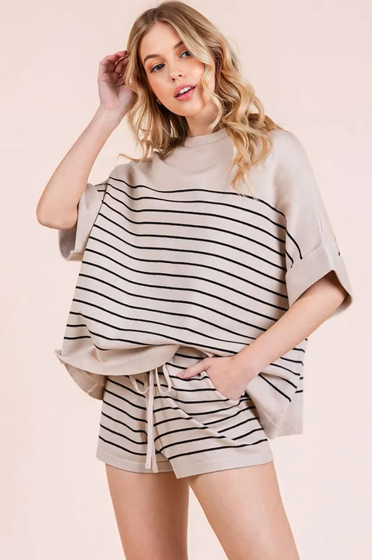 Striped Folded Half Sleeve Top and Shorts Set