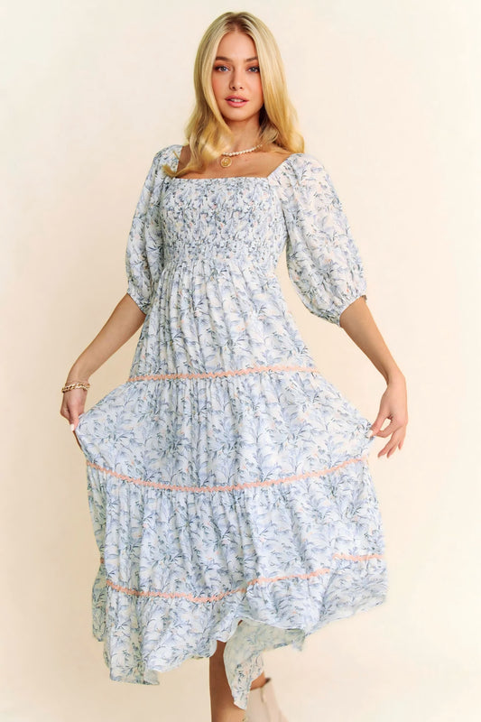 Contrast Ric Smocking Bodice Tiered Midi Dress