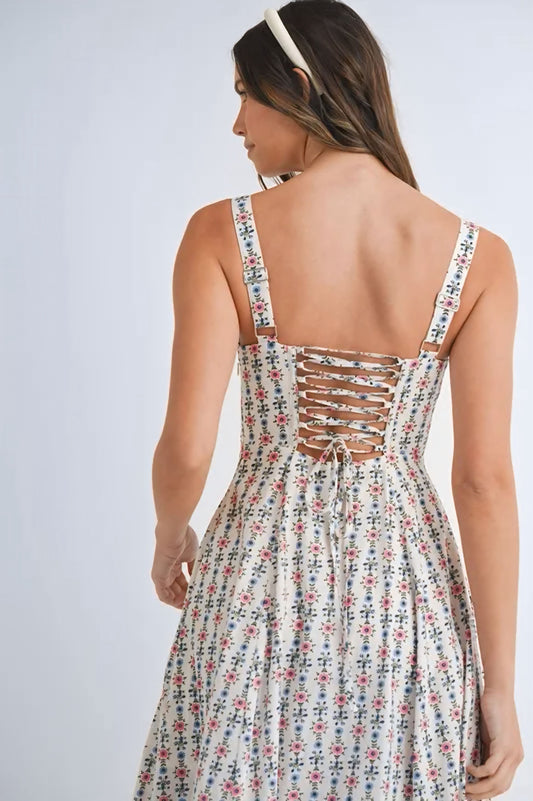 Floral Print Bustier Back Lace Up Midi Dress