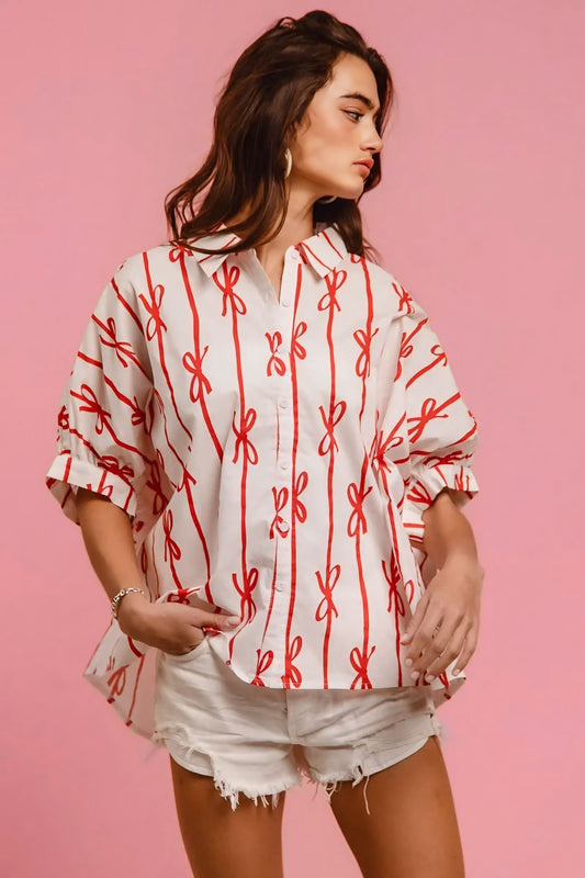 Bow Ribbon Woven Printed Button Down Shirt