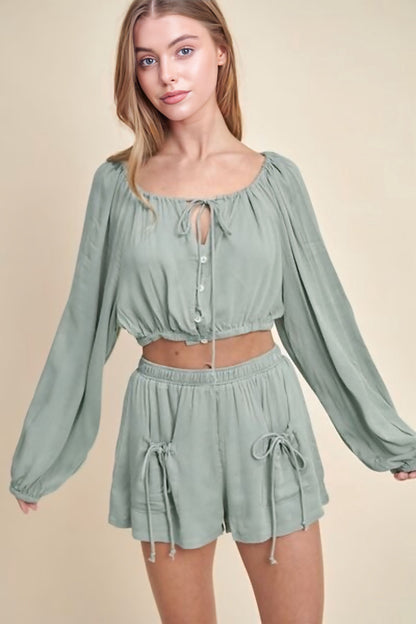 Gauze Long Sleeve Button Crop Top and Short Set