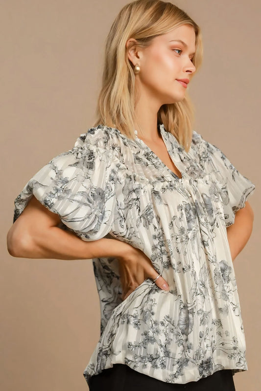 Floral Print Metallic Ruffle Blouse Plus Size