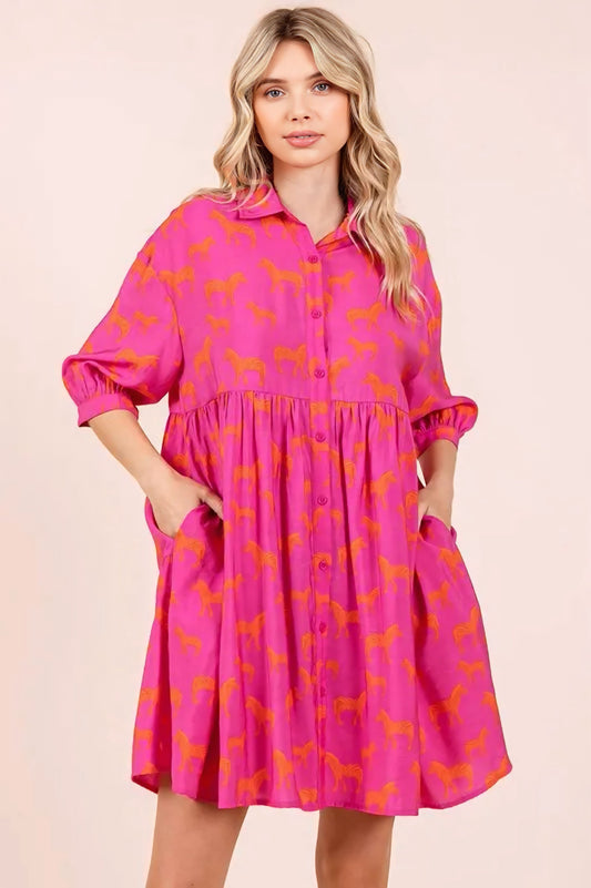 Zebra Print Button Down Shirt Mini Dress