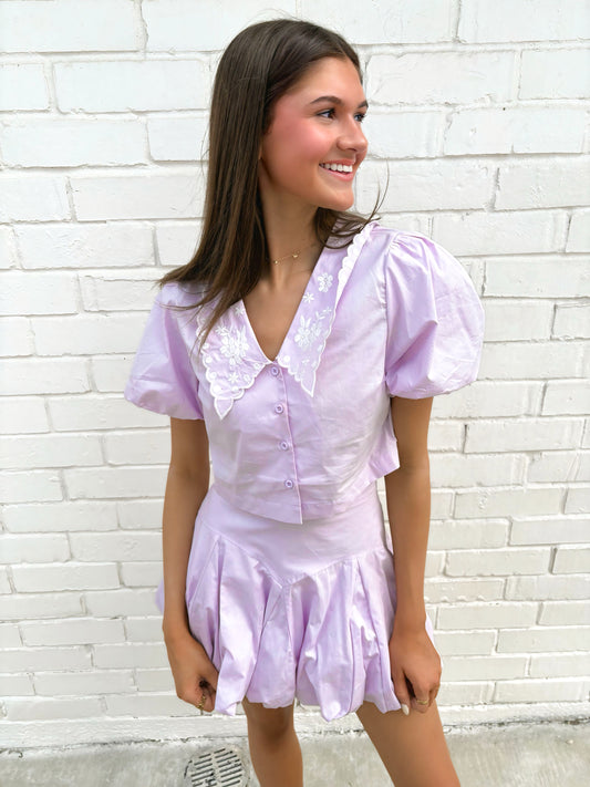 Puff Sleeve Button Down Top and Bubble Skirt Set - Lavender
