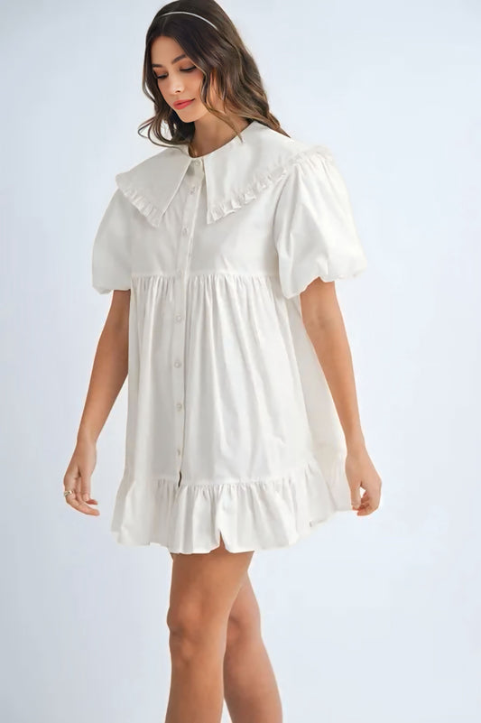 Ruffled Hem Peter Pan Collar Button Down Mini Dress