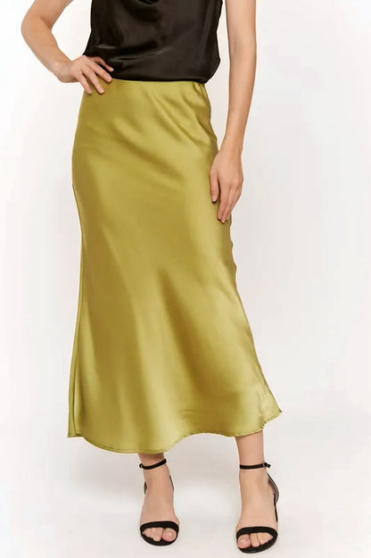 Olive Satin Midi Skirt