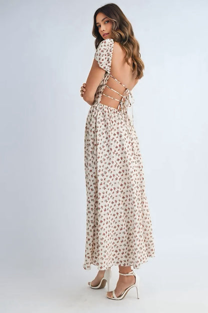 Floral Print Puff Sleeve Gathered Midi Dress