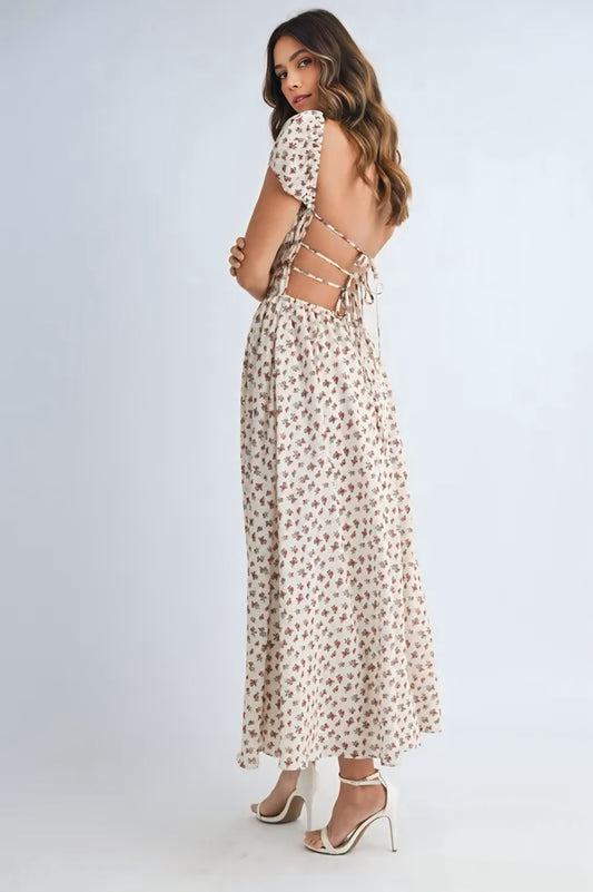 Floral Print Puff Sleeve Gathered Midi Dress