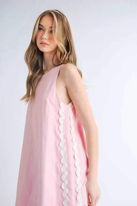 Linen Mix Side Ric Rac A-Line Mini Dress