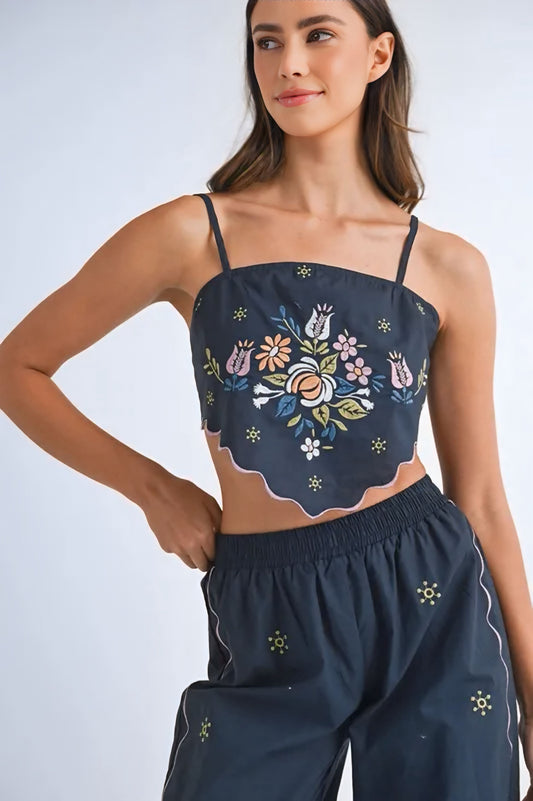 Linen Embroidered Scarf Top and Pants Set