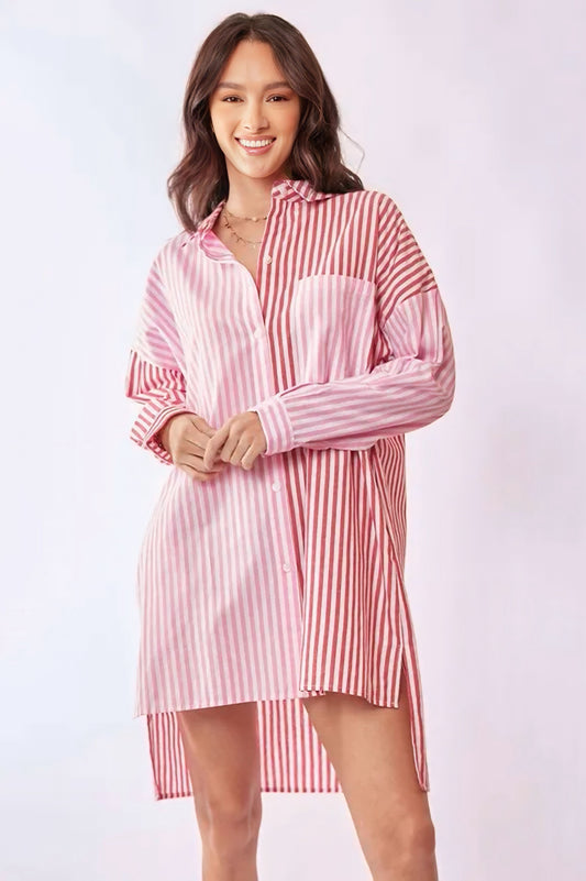 Multi Color Stripe Mixed Button Front Tunic Shirt Dress
