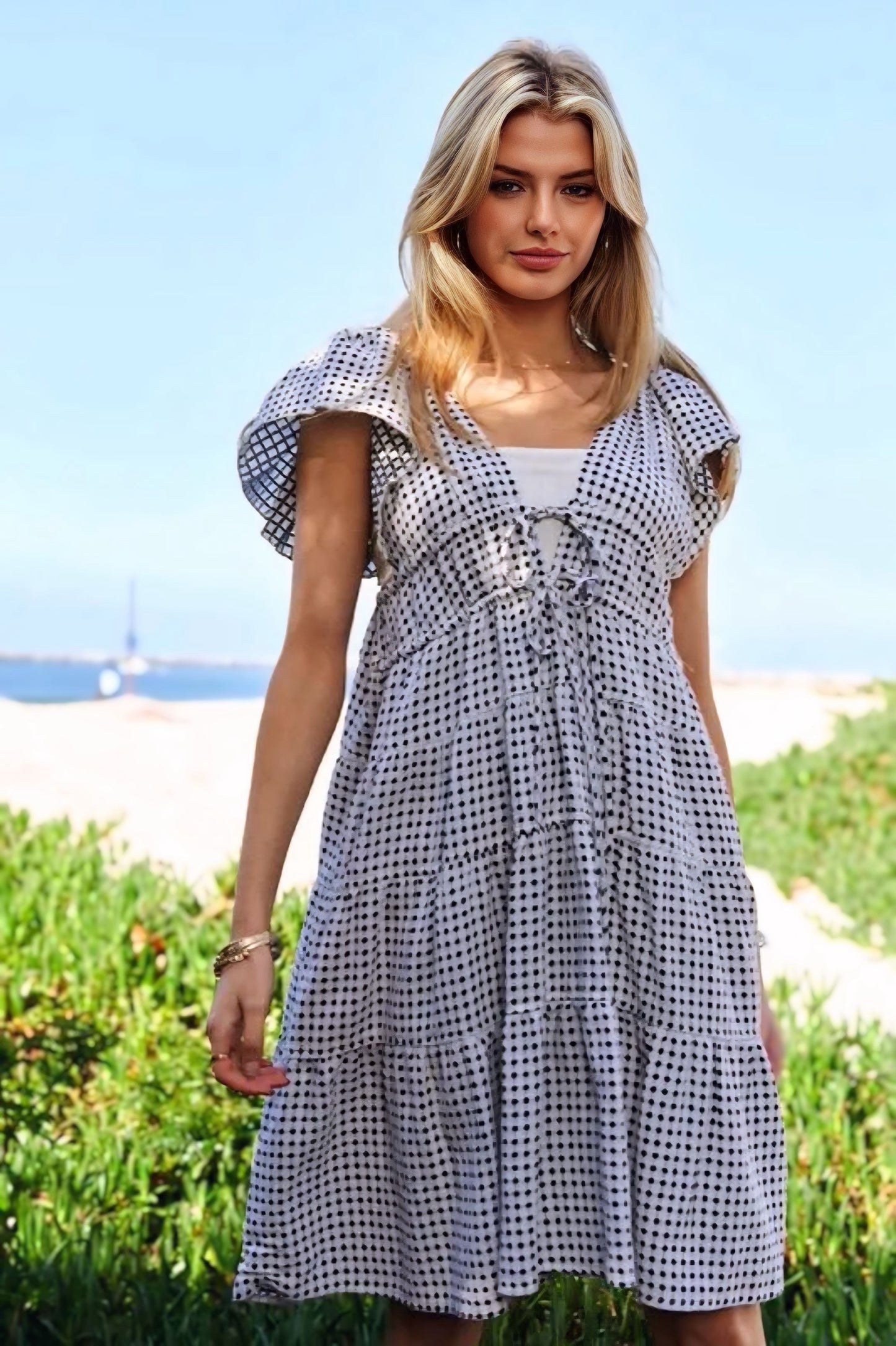 Jacquard V-Neck Flutter Cap Sleeve Tiered Dress