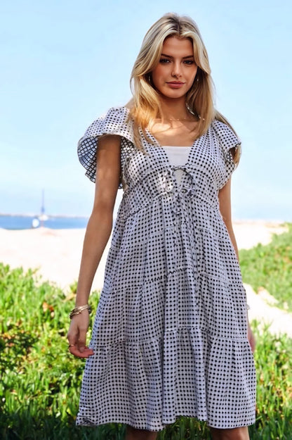 Jacquard V-Neck Flutter Cap Sleeve Tiered Dress