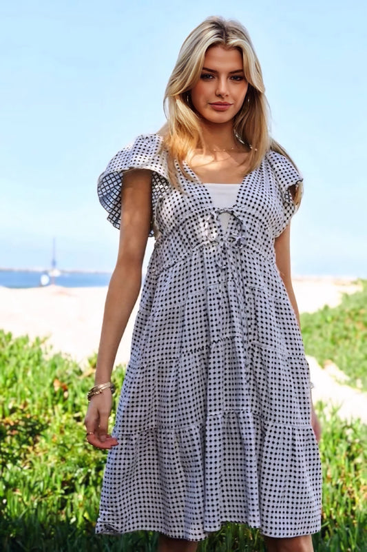 Jacquard V-Neck Flutter Cap Sleeve Tiered Dress