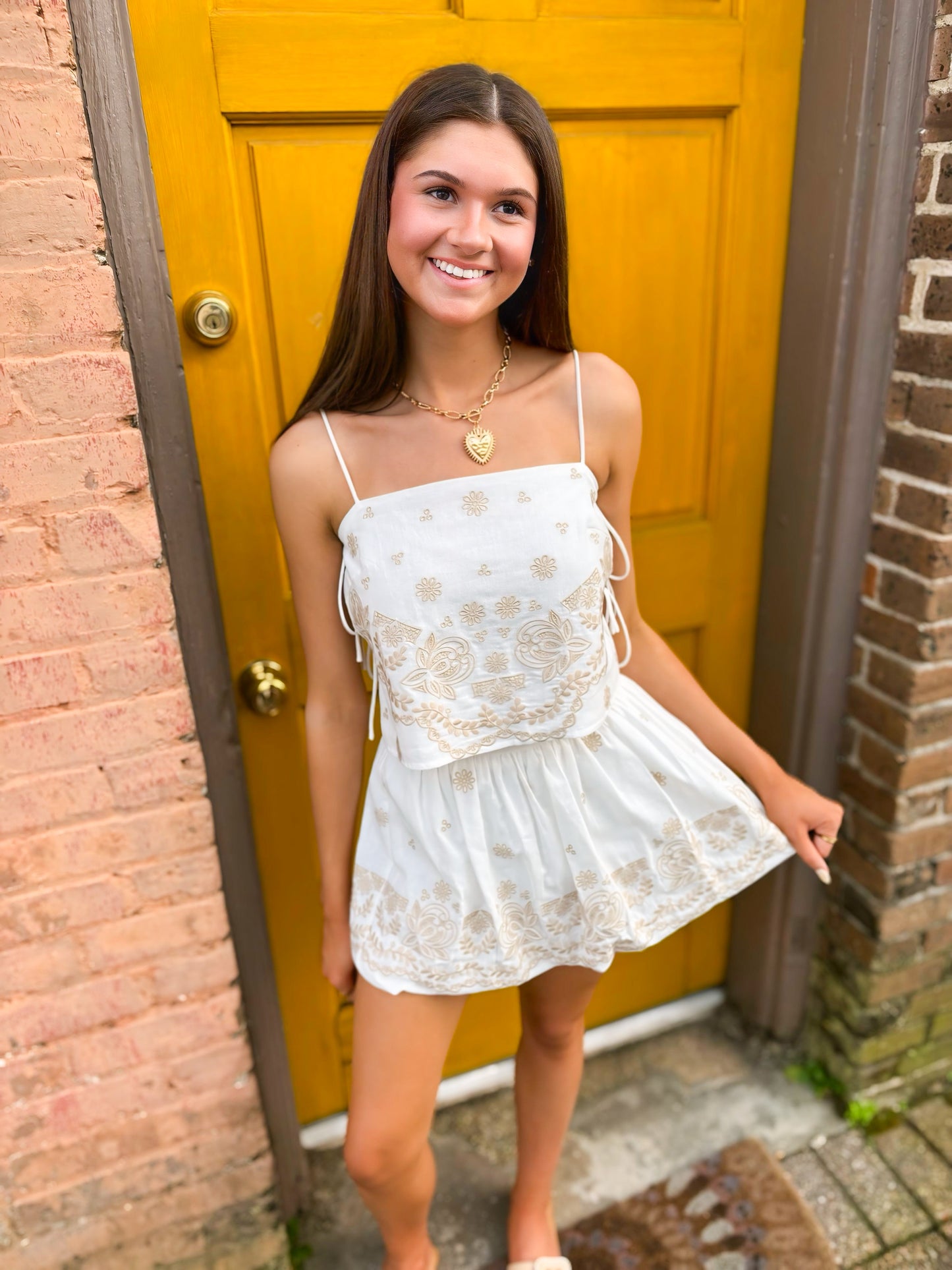 Embroidered Crop Cami and Balloon Mini Skirt Set - Off White