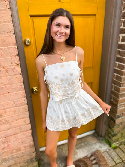 Embroidered Crop Cami and Balloon Mini Skirt Set - Off White