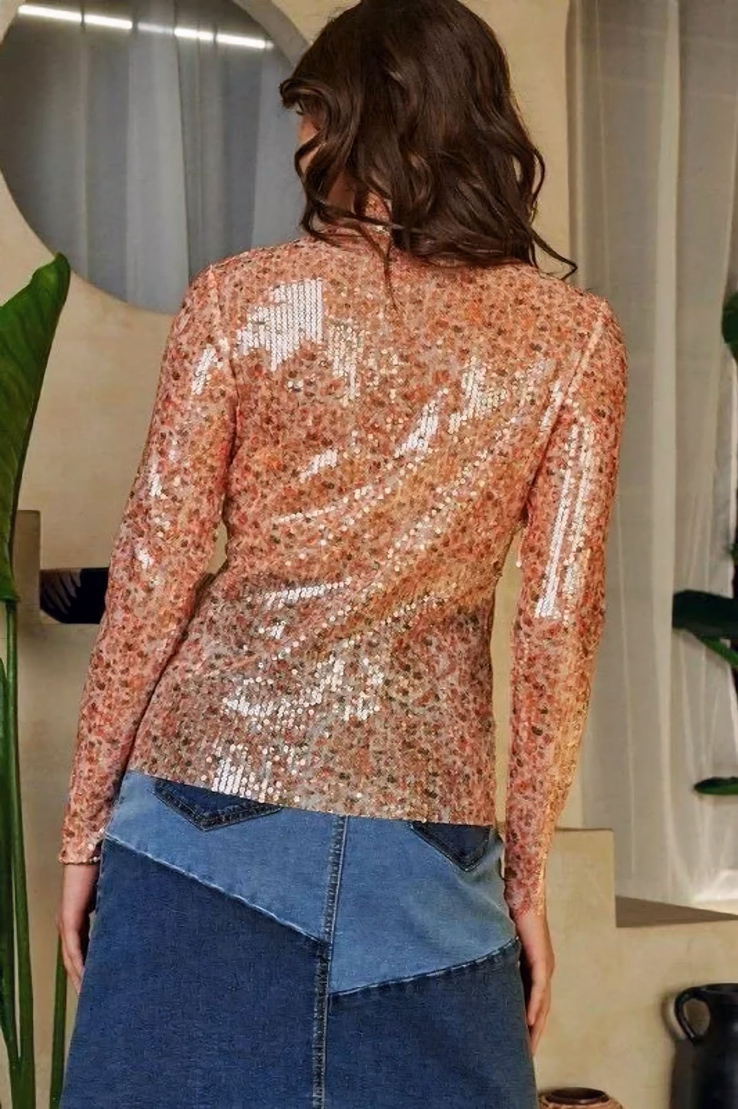 Orange Sequin Mock Neck Long Sleeve Mesh Top