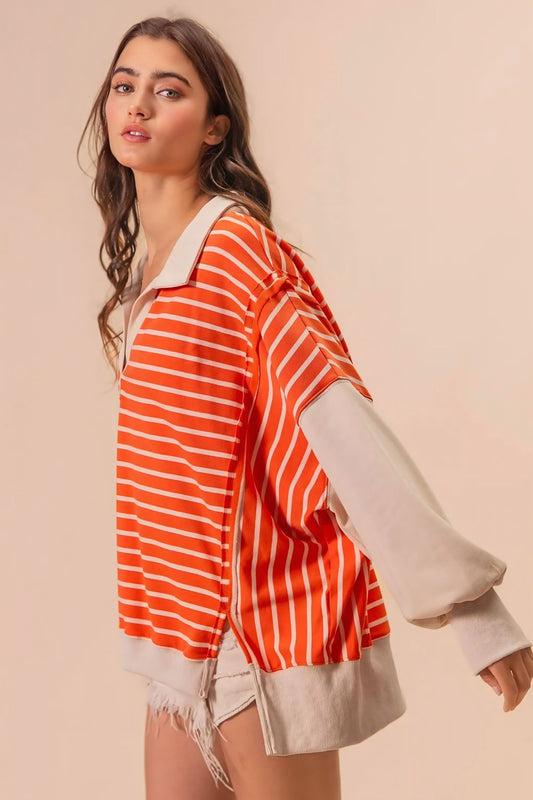 Stripe Knit Loose Fit Top With Cut Edge Detail