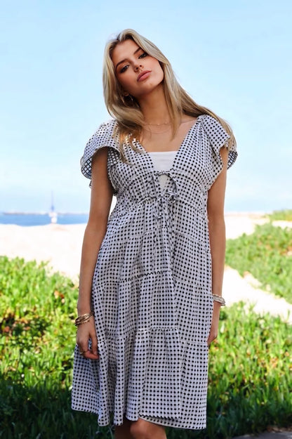 Jacquard V-Neck Flutter Cap Sleeve Tiered Dress