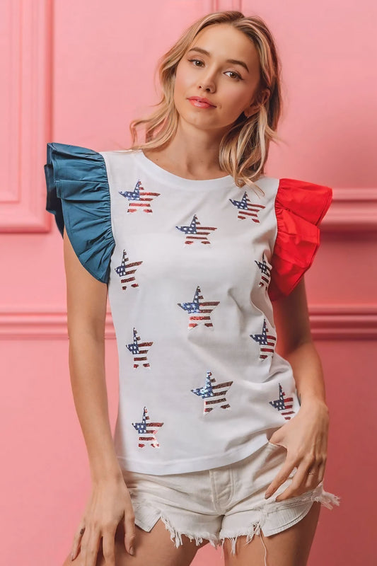 American Flag Sequin Stars Top