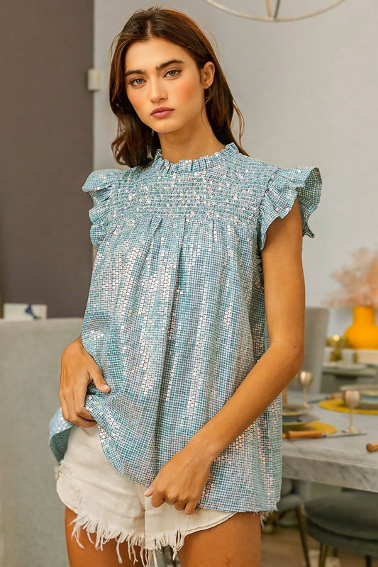 Clear Sequin All-over Gingham Smocked Top