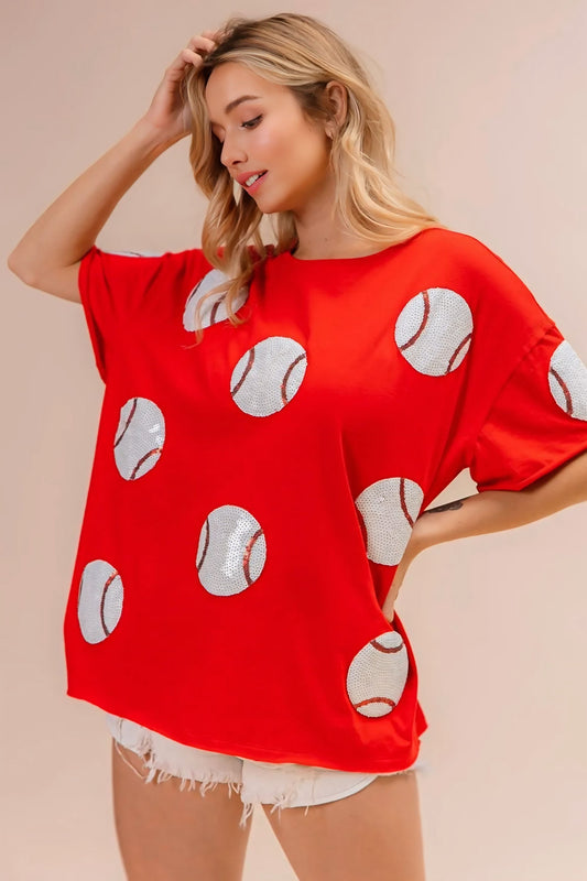 Sequin Baseball Drop Shoulder Short Sleeve T-Shirt