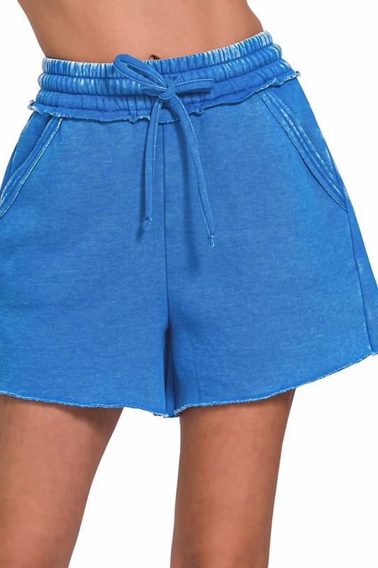 Acid Wash Fleece Drawstring Shorts With Pockets