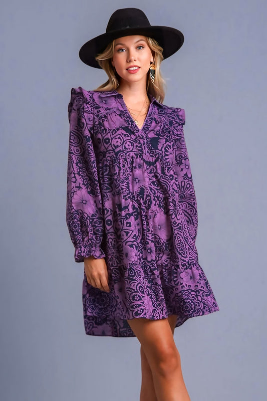 Ruffled Printed Piping Detail Long Sleeve Dress