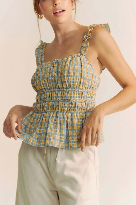Plaid Ruffled Strap Smocked Sleeveless Top