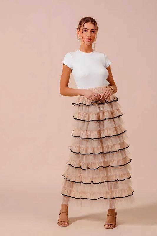 Layered Ruffled Tulle Maxi Skirt