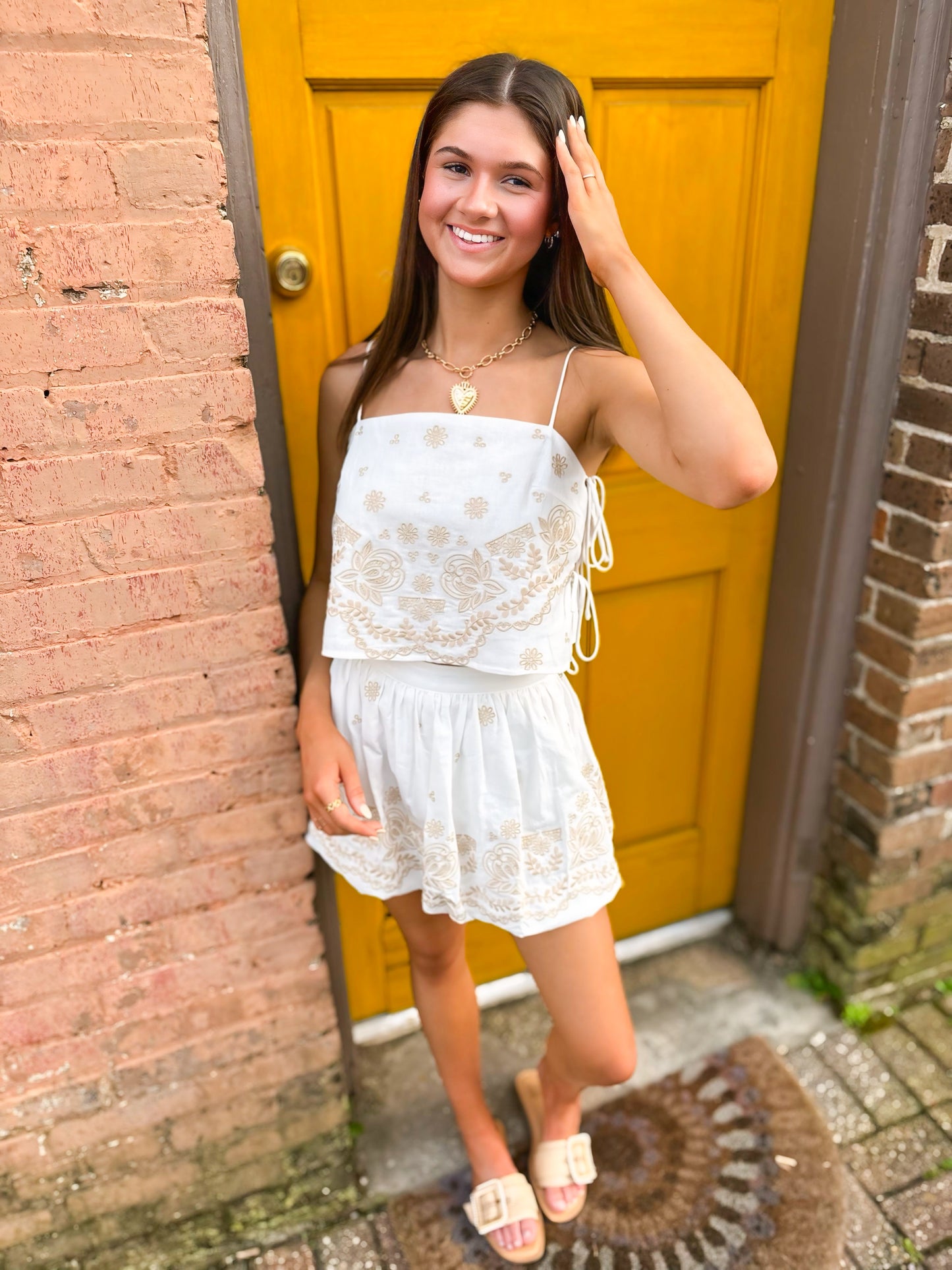 Embroidered Crop Cami and Balloon Mini Skirt Set - Off White