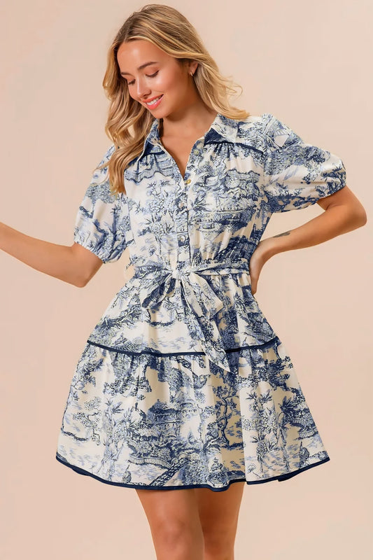 Navy Woven Printed Tiered Dress