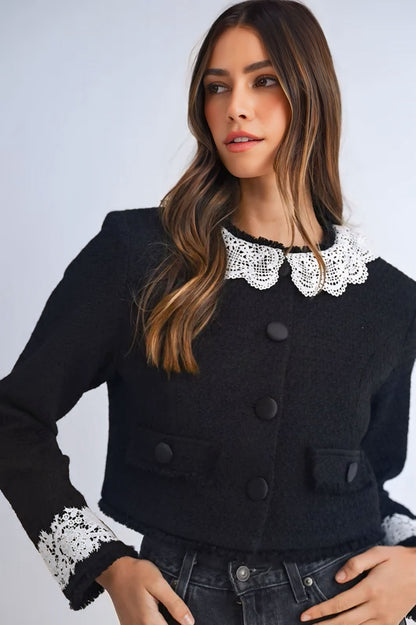 Lace Trim Collar Tweed Crop Jacket