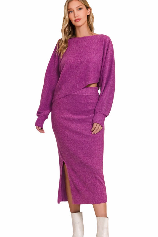 Ribbed Asymmetric Hem and Sleeve Top & Skirt Set